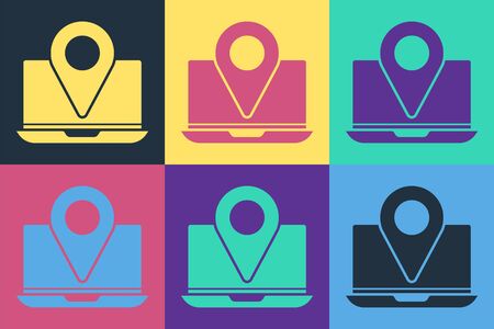 Pop art Laptop with location marker icon isolated on color background. Vectorのイラスト素材