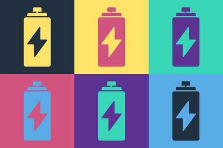 Pop art Battery icon isolated on color background. Lightning bolt symbol. Vector Illustrationのイラスト素材