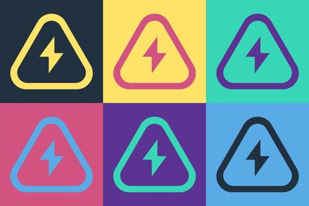 Pop art High voltage icon isolated on color background. Danger symbol. Arrow in triangle. Warning icon. Vector Illustrationのイラスト素材