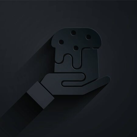 Paper cut Human hand and easter cake icon isolated on black background. Happy Easter. Paper art style. Vector Illustrationのイラスト素材