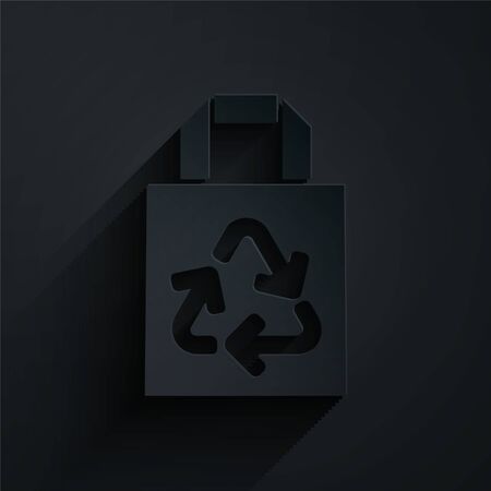 Paper cut Paper shopping bag with recycle icon isolated on black background. Bag with recycling symbol. Paper art style. Vector Illustrationのイラスト素材