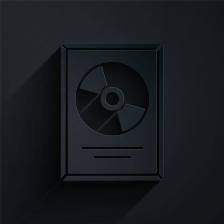Paper cut CD disk award in frame icon isolated on black background. Modern ceremony. Best seller. Musical trophy. Paper art style. Vector Illustrationのイラスト素材