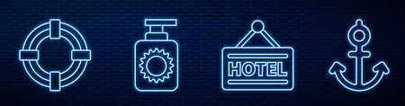 Set line Signboard with text Hotel, Lifebuoy, Sunscreen spray bottle and Anchor. Glowing neon icon on brick wallのイラスト素材