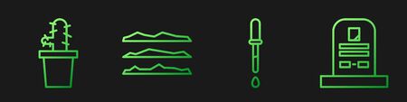 Set line Pipette, Cactus peyote in pot, Cocaine or heroin drug and Tombstone with RIP written. Gradient color icons. Vectorのイラスト素材