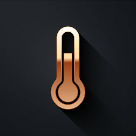 Gold Meteorology thermometer measuring icon isolated on black background. Thermometer equipment showing hot or cold weather. Long shadow style. Vectorのイラスト素材