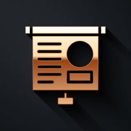 Gold Presentation board with graph, schedule, chart, diagram, infographic, pie graph icon isolated on black background. Long shadow style. Vectorのイラスト素材