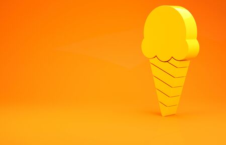 Yellow Ice cream in waffle cone icon isolated on orange background. Sweet symbol. 3d illustration 3D renderの写真素材
