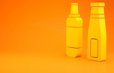 Yellow Sauce bottle icon isolated on orange background. Ketchup, mustard and mayonnaise bottles with sauce for fast food. 3d illustration 3D renderの写真素材
