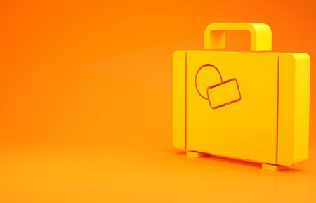 Yellow Suitcase for travel icon isolated on orange background. Traveling baggage sign. Travel luggage icon. Minimalism concept. 3d illustration 3D renderの写真素材