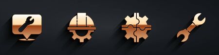Set Location with wrench spanner, Worker safety helmet and gear, Gear and Wrench spanner icon with long shadow. Vector.のイラスト素材