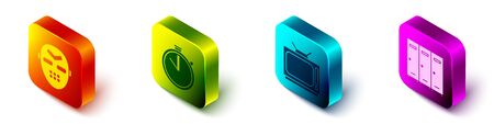 Set Isometric Hockey mask, Stopwatch, Retro tv and Locker or changing room icon. Vector.のイラスト素材