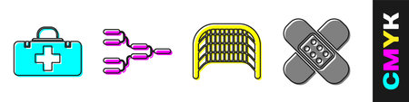 Set First aid kit, Championship tournament bracket, Ice hockey goal and Crossed bandage plaster icon. Vector.のイラスト素材
