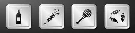 Set Beer bottle, Firework rocket, Maracas and Candy icon. Silver square button. Vectorのイラスト素材