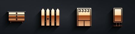 Set Chest of drawers, Garden fence wooden, Wardrobe and Big full length mirror icon with long shadow. Vector.のイラスト素材