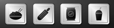 Set Rice in a bowl with chopstick, French hot dog, Bag or packet potato chips and Milkshake icon. Silver square button. Vectorのイラスト素材