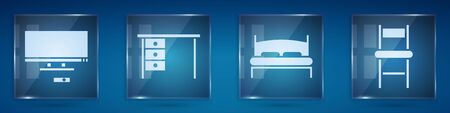 Set Smart Tv, Office desk, Big bed and Chair. Square glass panels. Vectorのイラスト素材