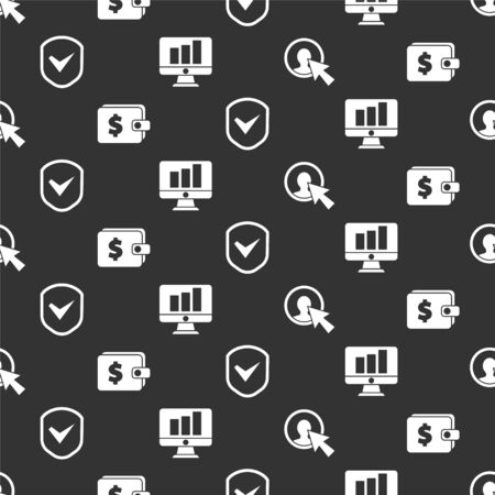 Set User of man in business suit, Wallet with dollar, Shield with check mark and Monitor with graph chart on seamless pattern. Vectorのイラスト素材
