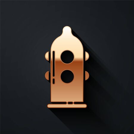 Gold Condom safe sex icon isolated on black background. Safe love symbol. Contraceptive method for male. Long shadow style. Vector Illustrationのイラスト素材
