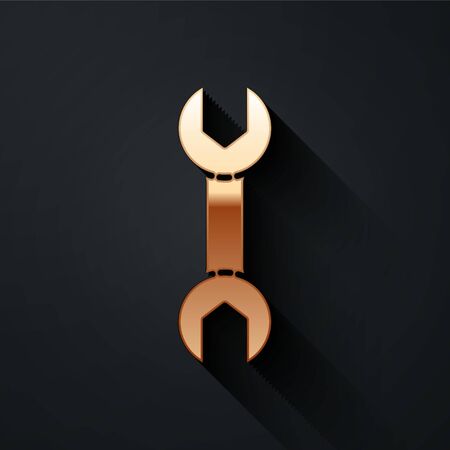 Gold Wrench spanner icon isolated on black background. Long shadow style. Vector.のイラスト素材