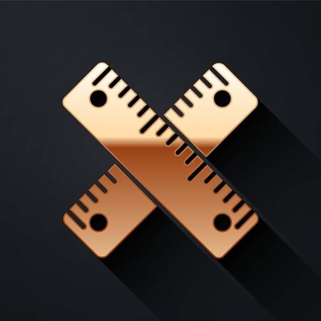 Gold Crossed ruler icon isolated on black background. Straightedge symbol. Long shadow style. Vector.のイラスト素材