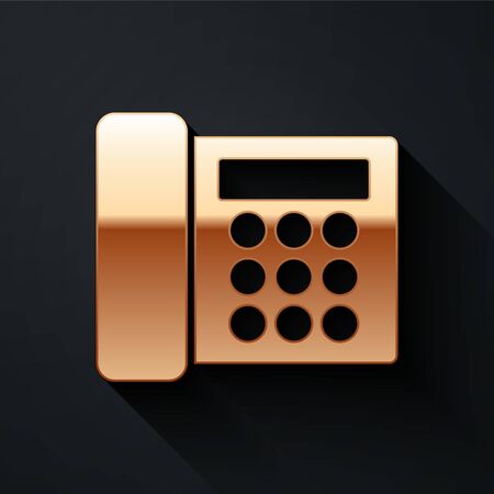 Gold Telephone icon isolated on black background. Landline phone. Long shadow style. Vector.のイラスト素材