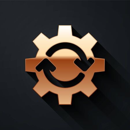 Gold Gear and arrows as workflow concept icon isolated on black background. Gear reload sign. Long shadow style. Vector.のイラスト素材