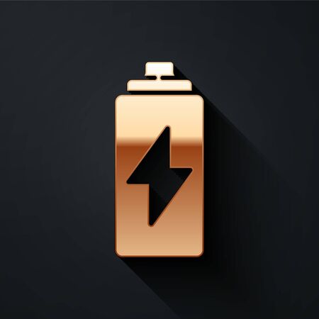 Gold Battery icon isolated on black background. Lightning bolt symbol. Long shadow style. Vector.のイラスト素材