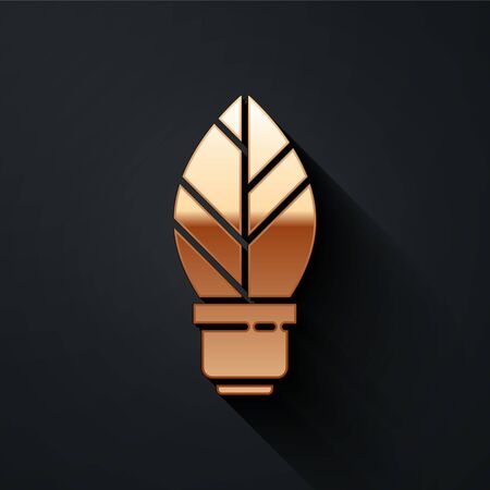 Gold Light bulb with leaf icon isolated on black background. Eco energy concept. Alternative energy concept. Long shadow style. Vector.のイラスト素材