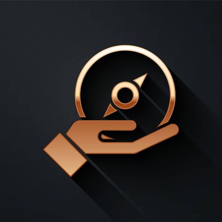 Gold Compass icon isolated on black background. Windrose navigation symbol. Wind rose sign. Long shadow style. Vector.のイラスト素材