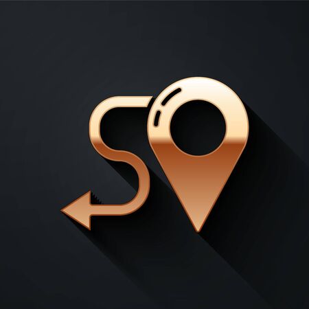 Gold Route location icon isolated on black background. Map pointer sign. Concept of path or road. GPS navigator. Long shadow style. Vector.のイラスト素材