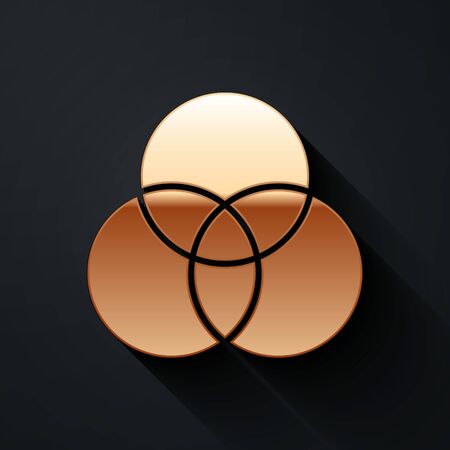 Gold RGB and CMYK color mixing icon isolated on black background. Long shadow style. Vector.のイラスト素材