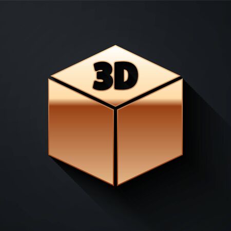Gold Isometric cube icon isolated on black background. Geometric cubes solid icon. 3D square sign. Box symbol. Long shadow style. Vector.のイラスト素材