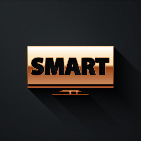 Gold Screen tv with Smart video technology icon isolated on black background. Long shadow style. Vector.のイラスト素材