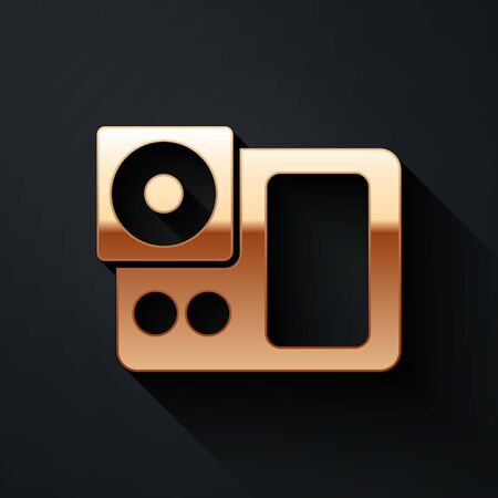 Gold Photo camera icon isolated on black background. Foto camera icon. Long shadow style. Vector.のイラスト素材