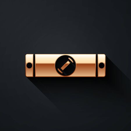 Gold Construction bubble level icon isolated on black background. Waterpas, measuring instrument, measuring equipment. Long shadow style. Vector Illustrationのイラスト素材