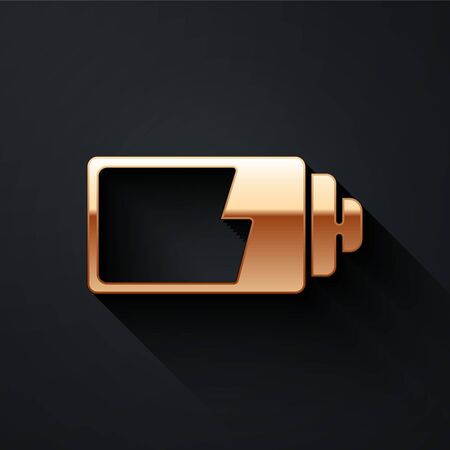 Gold Battery charge level indicator icon isolated on black background. Long shadow style. Vector.のイラスト素材
