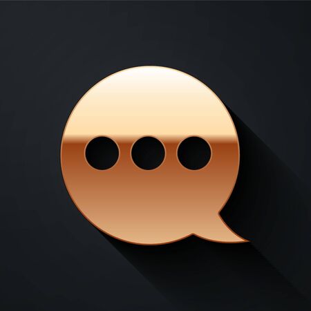 Gold Speech bubble chat icon isolated on black background. Message icon. Communication or comment chat symbol. Long shadow style. Vector.のイラスト素材