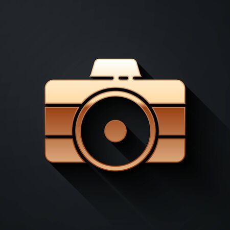 Gold Photo camera icon isolated on black background. Foto camera icon. Long shadow style. Vector.のイラスト素材