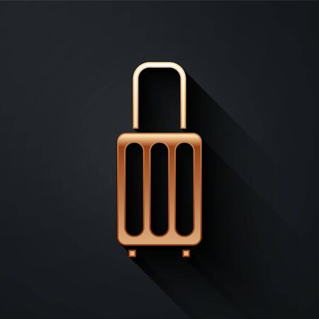 Gold Suitcase for travel icon isolated on black background. Traveling baggage sign. Travel luggage icon. Long shadow style. Vector Illustrationのイラスト素材