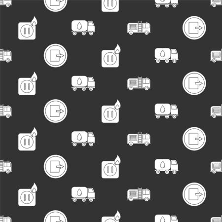 Set Fire truck, Fire exit, Electric wiring of socket in fire and Water delivery truck on seamless pattern. Vector.のイラスト素材