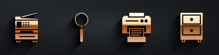 Set Printer, Magnifying glass, Printer and Drawer with documents icon with long shadow. Vector.