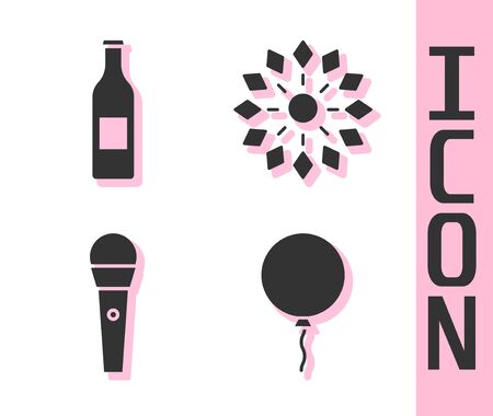 Set Balloon with ribbon, Beer bottle, Karaoke microphone and Firework icon. Vector.のイラスト素材