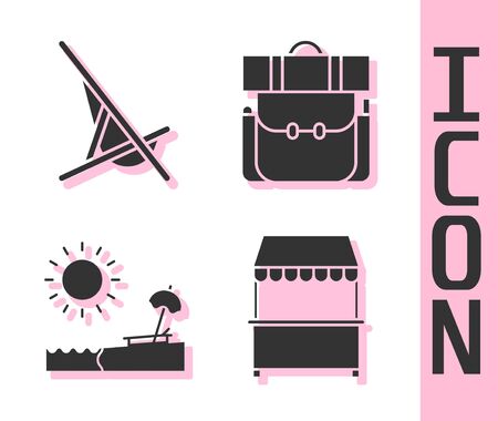 Set Street stall with awning, Sunbed, Beach with umbrella and chair and Hiking backpack icon. Vectorのイラスト素材