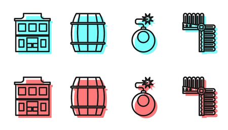 Set line Bomb ready to explode, Wild west saloon, Wooden barrel and Indian headdress with feathers icon. Vectorのイラスト素材
