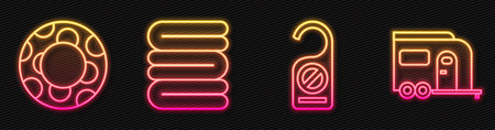 Set line Please do not disturb, Rubber swimming ring, Towel stack and Rv Camping trailer. Glowing neon icon. Vector.のイラスト素材