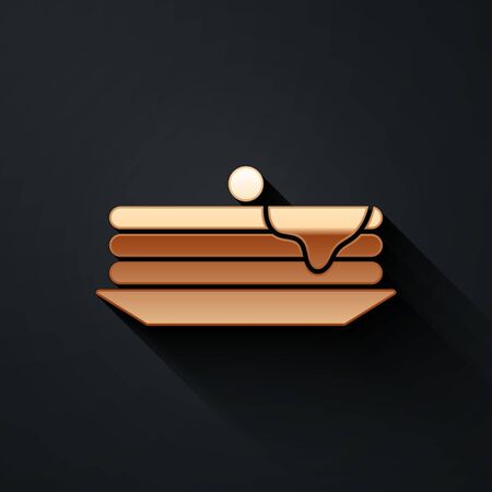 Gold Stack of pancakes icon isolated on black background. Baking with syrup and cherry. Breakfast concept. Long shadow style. Vector Illustration.のイラスト素材