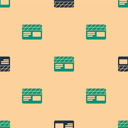 Green and black Movie clapper icon isolated seamless pattern on beige background. Film clapper board. Clapperboard sign. Cinema production or media industry. Vector Illustrationのイラスト素材