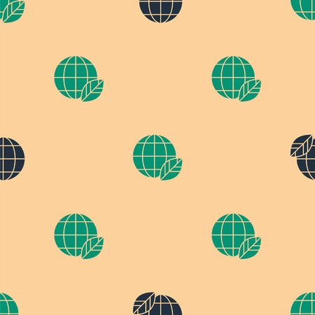 Green and black Earth globe and leaf icon isolated seamless pattern on beige background. World or Earth sign. Geometric shapes. Environmental concept. Vector Illustrationのイラスト素材