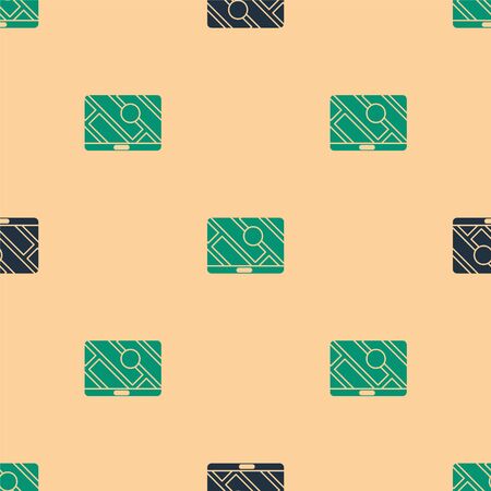 Green and black Infographic of city map navigation icon isolated seamless pattern on beige background. Mobile App Interface concept design. Geolacation concept. Vector Illustrationのイラスト素材