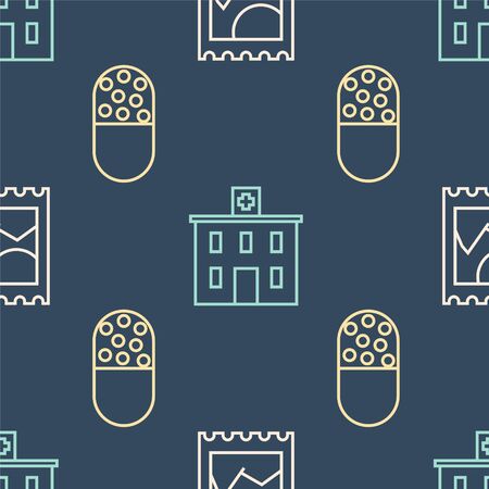 Set line LSD acid mark, Medicine pill or tablet and Medical hospital building on seamless pattern. Vectorのイラスト素材